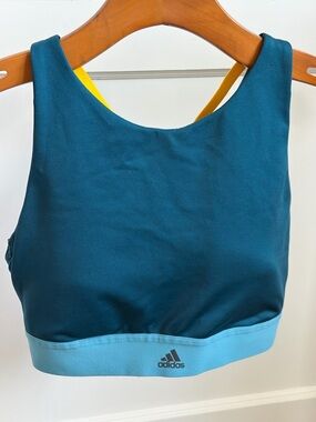 adidas Teal Sports Bra with Light Blue Band and Yellow Straps